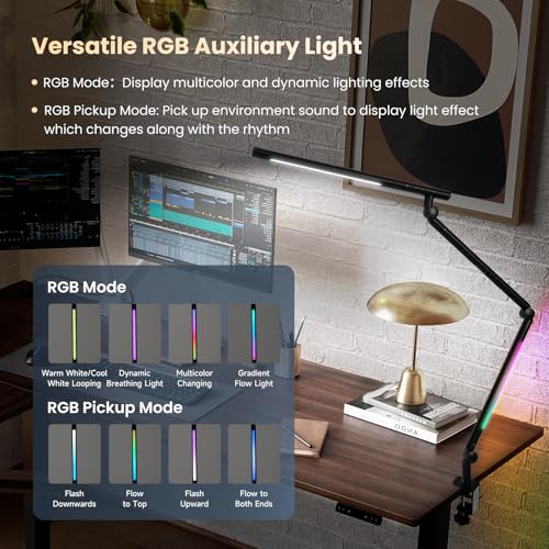 Pak LED Desk Lamp with Clamp, 18W Dual Light Architect Desk Light, Adjustable Swing Arm RGB Light Sensor Switch, Eye-Caring 4 Modes Stepless Dimming Table Lamp for Home Office Reading Study Gaming