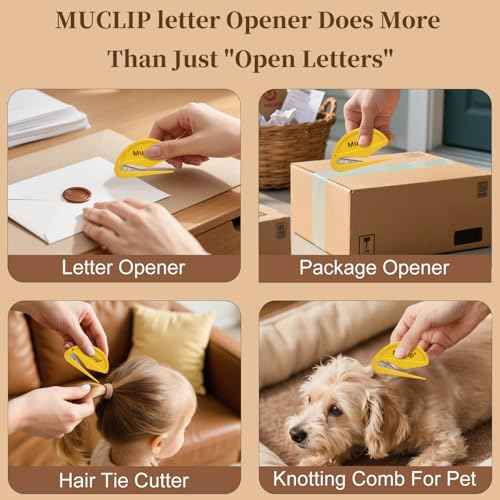 4 Pack Letter Opener with Magnetic Stickers - Hidden Stainless Steel Blade,Ergonomic ABS Grip,Fast & Safe Envelope Opener for Letter,Packages,Mail,Office,Home,Mailroom (4 Pack)