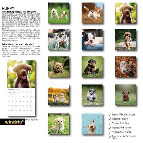 2026 Wall Calendar,Calendar 2026, November 2025 - December 2026, Wall Calendar Puppy Dog, 12" x 24" Opened,Full Page Months Thick & Sturdy Paper for Calendar Organizing & Planning