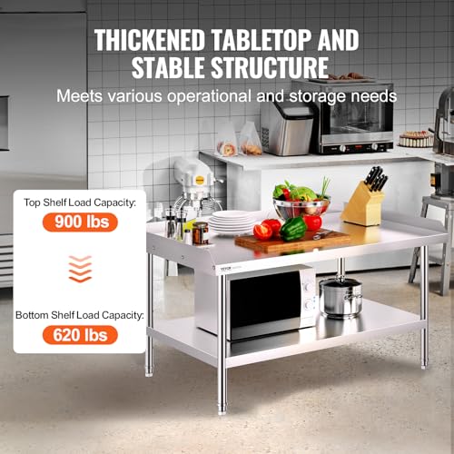 VEVOR 30 x 48 x 26 in Stainless Steel Work Table with 3-Sided Backsplash, Adjustable Shelves, 0.8mm SUS201 for Commercial Kitchen