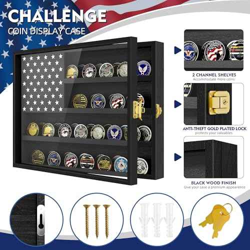 Military Challenge Coin Display Case 16 x 12 in, Wooden American Flag Shadow Box with Anti-Dust UHD Acrylic Door, Gold-Antitheft Lock & Wall Mount, Gift for Collectors (Black Large)