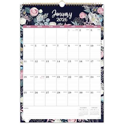 2026 Calendar - 2026 Wall Calendar, 12 Monthly Wall Calendar 2026 from January 2026 - December 2026, 12" x 17", Twin-Wire Binding + Hanging Hook + Ruled Blocks + Thick Paper with Julian Dates - Floral