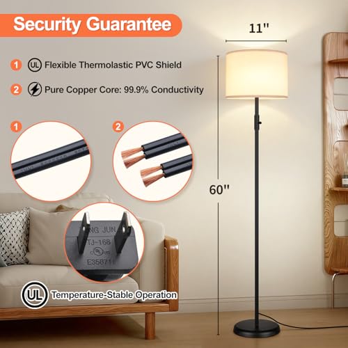 Yemela Matte Black Floor Lamp with Beige Linen Shade - Dimmable Tall Standing Light for Living Room & Bedroom