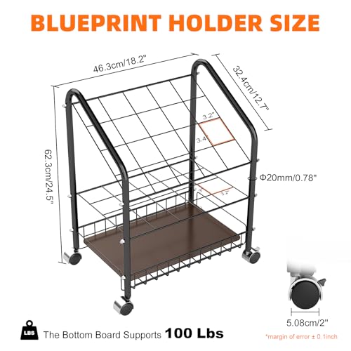 20 Slots Blueprint Holder, Double Layer Blueprint Storage with Sturdy PC Base Plate and 2 Brake Wheels for Office Organization, Storage Rack Rolling Cart, Construction Paper Organizer