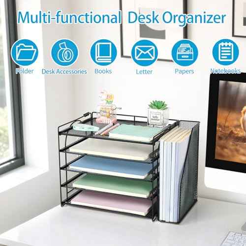 AUPSEN Desk Organizers and Accessories, 5-Tier Desktop Paper File Organizer with Removable File Holder, Desk Accessories & Workspace Organization for Home Office Supplies (Black)