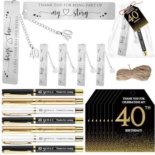25 Sets Birthday Favors for Guests 25 Thanks for Coming Ballpoint Pens 25 Bookmarks 25 Cards with Organza Bag for Adult Birthday Anniversary Party Souvenir(Metal-40th)