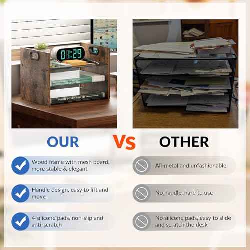 3 Tier Wood Paper Organizer for Desk, Metal Office Organizer and Accessories with Handle, Mesh File Holder for Desk, File Cabinets for Home Office, School