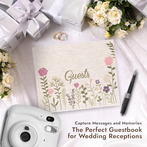 Upstart Decor Natural Linen Embroidered Photo Wedding Guest Book – Pink Floral Cover, 160 Pages