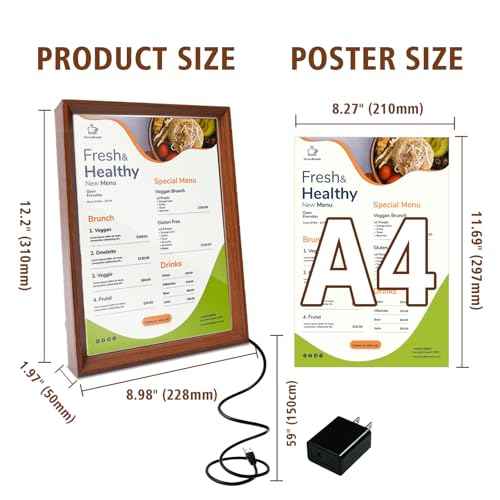 A4 Size LED Acrylic Sign Holder with Walnut Wood Base Frame, Light Up Menu Board Stand, Backlit Poster Display Light Box for Restaurants, Bars, Offices