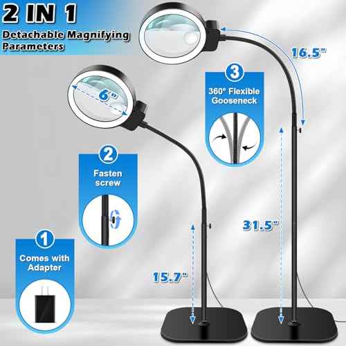 30X 10X Large Floor Magnifying Glass with Light and Stand,72 LED Flexible Gooseneck Floor Magnifying Lamp,2 in 1 Lighted Magnifiers for Close Work, Sewing,Crafts,Hobbies£¨Black£©