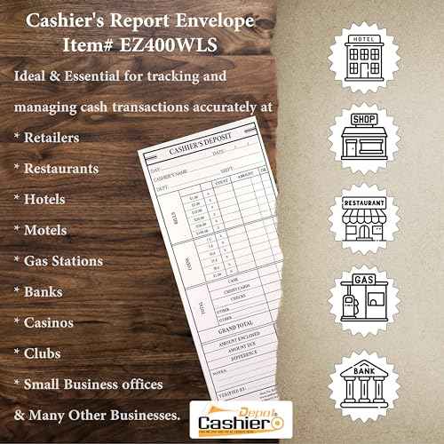 500 Cashier Depot - Cashier's Deposit Report Envelope, 4 1/2" x 10 3/8", Sturdy 24lb. Paper, Peel & Seal Closure, Cash Envelopes For Hotels, Restaurants, Gas Stations & Retailers, 500 Count