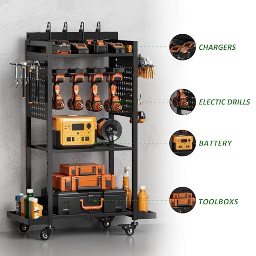 Power Tool Organizer Rolling Cart with Charging Station, Garage Floor Stand Rolling Tool Storage Rack with Charging Power Strip, Garage Storage Heavy Duty Utility Shelf with Wheels