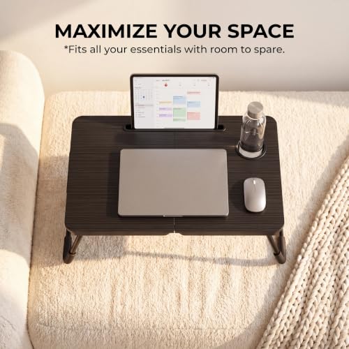 BUYIFY Black Foldable Lap Desk Bed Table with Cup Holder & Tablet Slot
