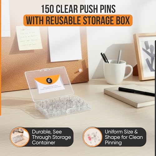 150 Clear Thumb Tacks with Reusable Box – Flat Head Push Pins for Office & Home