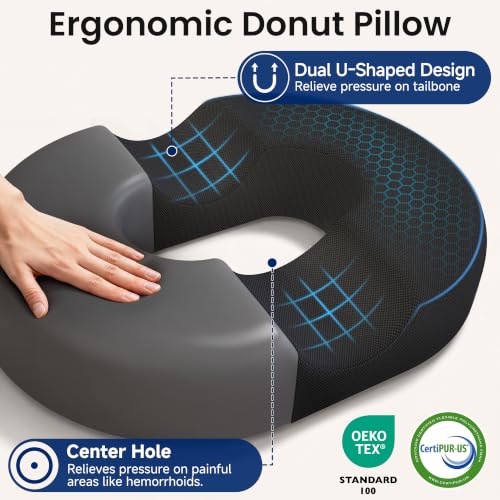 CloudBliss Black Large Donut Pillow for Tailbone & Hemorrhoid Relief - Portable Memory Foam Seat Cushion for Stadium, Car, Home & Office