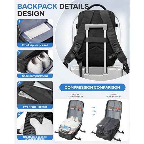 Vacuum Backpack Travel with Pump,Travel Backpack with Vacuum System, Shoe Compartment, United Airlines Personal Item Bag 17x10x9,Mochila compresion al vacio,Black