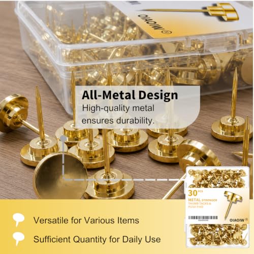 Gold 30PCS Metal Thumb Tacks for Wall - Heavy Duty Push Pins, Anti-Rust