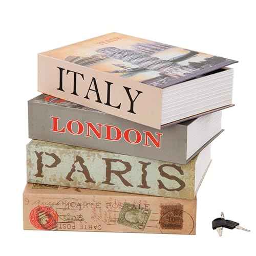 SEPOX¢ç 4 Pcs Set Large Book-Safe Lock-Box: World Renowned Views, Large Hidden Storage with Key-Lock, Perfect Disguised Safe & Gift for Dorm, Home & Office Book
