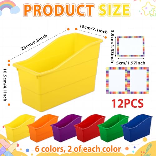 Gisgfim 12 Pack Rainbow Large Book Bins with Labels - Classroom Storage Organizer