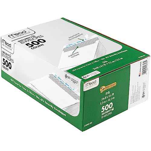 Mead #6-3/4 Envelopes, 3-5/8" x 6-1/2", Security Printed Lining for Privacy, Press-It Seal-It Self Adhesive Closure, White All-Purpose 20-lb Paper Mailing Envelopes, 500 Count (742021)