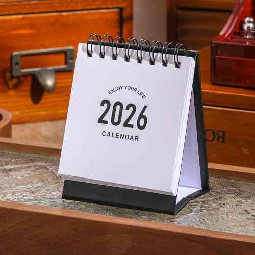 Mini Desk Calendar 2025-2026- Small Desktop Calendar Now to Dec 2026 Mini Daily Schedule Thick Paper Twin-Wire Binding with Stickers for Home Office School (Black-white)
