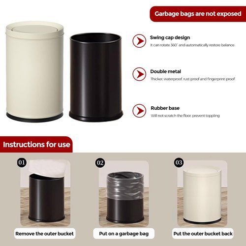 LEASYLIFE 2.4GAL Off White Metal Garbage Can, Double-Layer with Inner Layer,Small Trash Can with FILP Lid for Bathroom,Bedroom,Office,Hotel,Bank
