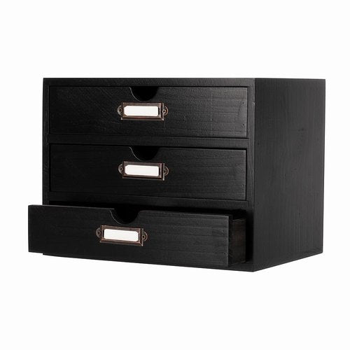 PACKGILO Wooden Storage Box Rustic Desktop Organizer with 3 Drawers Office Desk Accessories Shelf Small Craft Storage Containers Apothecary Cabinet and Chest Jewelry Holder for women(BLACK)