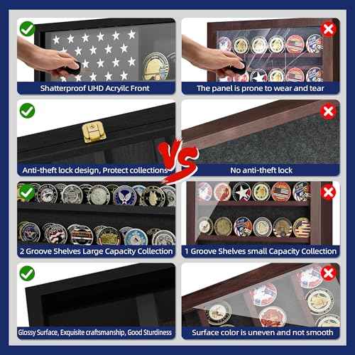 Military Challenge Coin Display Case 16 x 12 in, Wooden American Flag Shadow Box with Anti-Dust UHD Acrylic Door, Gold-Antitheft Lock & Wall Mount, Gift for Collectors (Black Large)