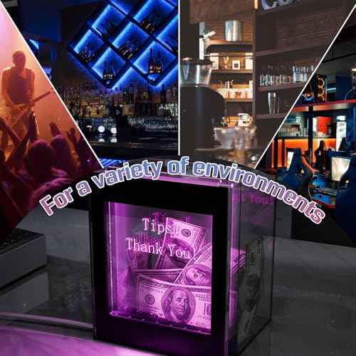 Lighted Up Tip Jar for Money with Lock and LED Light Acrylic Donation Box with Sign Holder ''Tips! Thank You!'' USB Powered Suggestion Box for Bartender Band Coffee Shop Restaurant