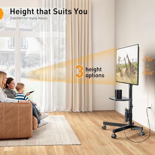 Perlegear Mobile TV Cart, Clip-On Integrated Power Supply, Rolling TV Stand Portable for 23-60¡È TVs (up to 88 lbs), 3 Height Levels with Adjustable Tray, TV Stand with Wheels, Max VESA 400x400mm