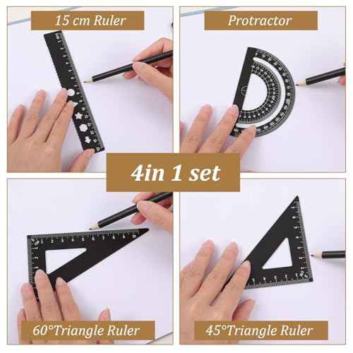 4 Pcs Triangular Ruler Set Metal Geometry Set Aluminum Alloy Ruler Math Drafting Rulers Kit- Aluminum Triangle Rulers Geometric Protractor for School Student Teacher Architects Engineers