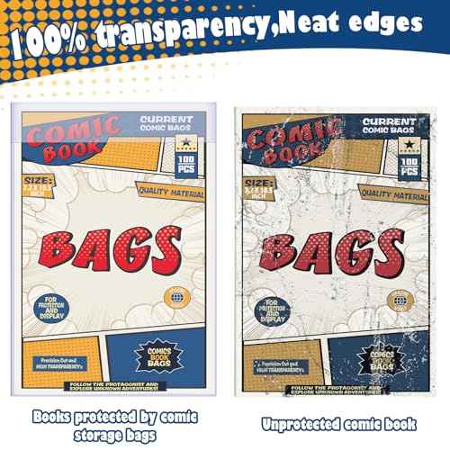 Leffis 200 Count Comic Book Current Size Bags and Boards Transparent Acid-Free and Reusable Comic Book Sleeves for Regular Comics (Bags and Boards X 200PCS)
