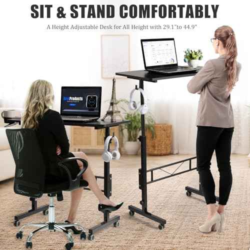 SIDUCAL Standing Desk Adjustable Height, Small Mobile Table with Wheels, Rolling Desk for Standing or Sitting, Portable Computer Desk for Walking Pad, Black