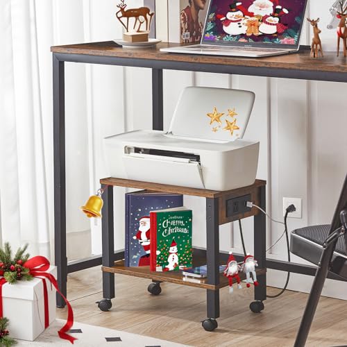HOOBRO 15"L x 11"W x 15"H Rustic Brown & Black 2-Tier Printer Stand with Charging Station