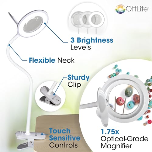 OttLite Lighted Magnifier Clip Lamp. Clearsun, White, Shipper
