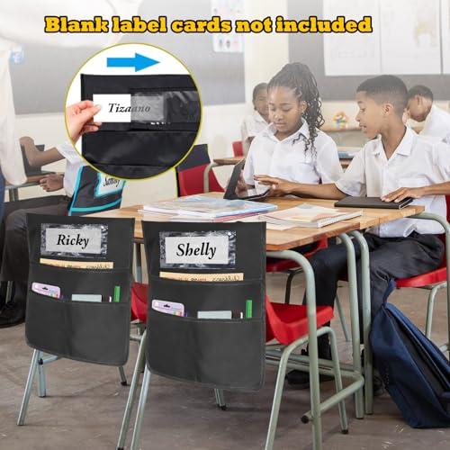 12 Pack Black Chair Pockets for Classrooms, Chair Pocket with 3 Heavy Duty Storage Pocket, Chair Back Buddy Pocket with Name Tag Slot, Ideal Back to School Supplies, Classroom Must Haves