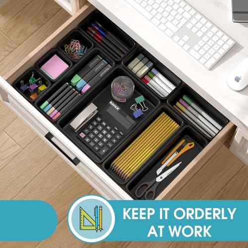 10 PCS Drawer Organizer Set, 4 Size Makeup Drawer Divider Organizer With Non-Slip Pads, Interlocking Plastic Storage Bins for Office,Jewelry Vanity,Gadgets, Bathroom,Kitchen, Black