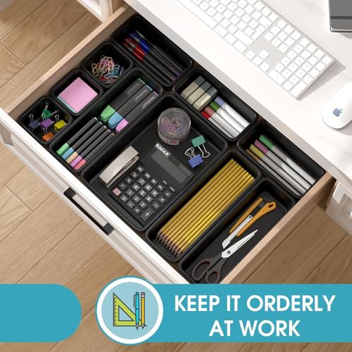 StoreHappily Black 10 Pack Drawer Organizer Set - Multi-Size Plastic Storage Bins for Kitchen, Bathroom, Office, Jewelry & Vanity