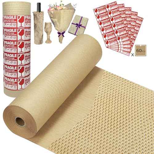 Honeycomb Packing Paper Wrap 15''x300', Substitute Alternative for Bubble Cushioning Wrap for Moving Shipping Packaging, Recyclable Moving Supplies with 60 Fragile Sticker Labels