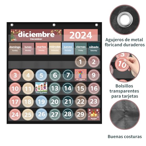 Boczif Monthly Classroom Calendar Pocket Chart Spanish Black for Education