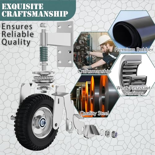 Gate Wheel with Brake, 8 Inch Wheel Diameter, 15.4 Inch Height, Suit for Metal Tube & Wooden Gates, 700lbs Capacity, Spring-Loaded Heavy Duty Rubber Casters, Silver