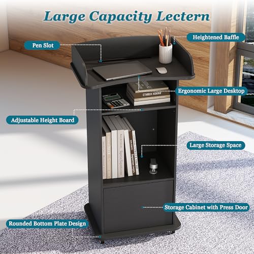 Qriocioa Black Podium Stand with 4 Wheels, Wooden Lectern with Storage