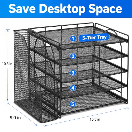 OPNICE Black 5-Tier Letter Paper Desk Organizer, 15.5 x 9 x 10.3 Inches