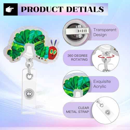 The Very Hungry Caterpillar Badge Reel, Funny Badge Reels Retractable, Name Badge Holder Reel ID Clip, Cute Animal Pediatric Decorative for RN LPN CNA MA Medical Worker Teacher Nurse Badge Accessories
