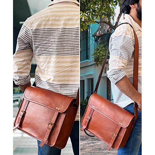 RUSTIC TOWN Leather Messenger Bag for Men Women - Full Grain Leather Laptop Satchel Office Shoulder Bag