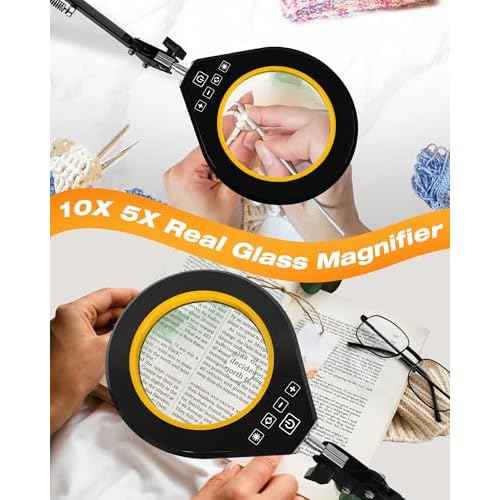 Magnifying Glass with Light, 10X & 5X Real Glass & Anti-Glare Lens, 5 Color Mode Stepless Dimmable LED Desk Magnifying Lamp, Hands-Free Desk Lamp with Clamp for Crafts Reading Repair Hobby (Yellow)