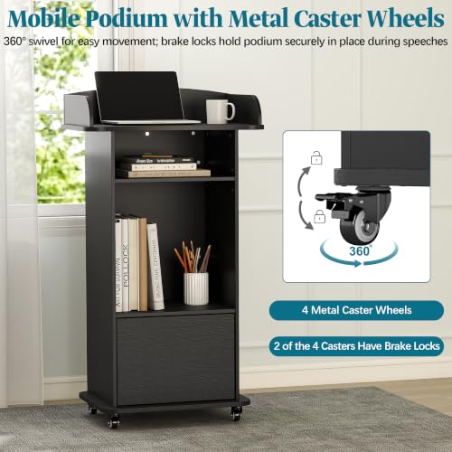Mobile Wooden Podium Stand with Lockable Wheels and Storage Shelf