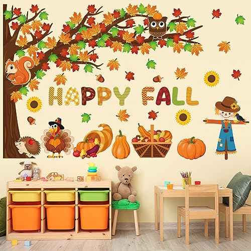 Fall Tree Bulletin Board Decorations for Classroom,Fall Autumn Thanksgiving Classroom Decorations with Big Tree Pumpkin Maple Leaf Turkey Scarecrow Cutout for School Home Chalkboard Wall Decor 136PCS