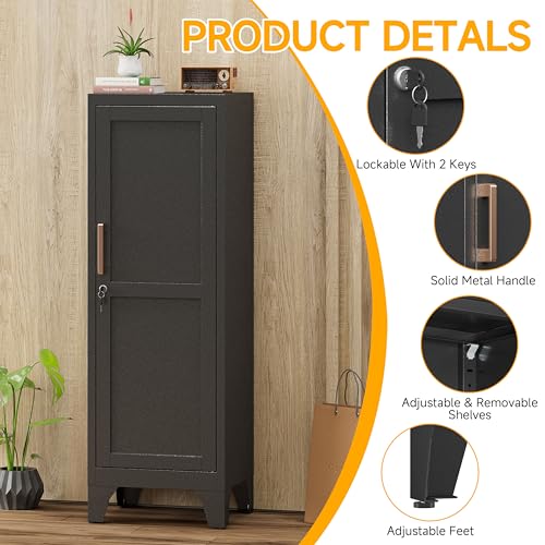 46"H Black Metal Locker with 1 Lockable Door and 2 Adjustable Shelves
