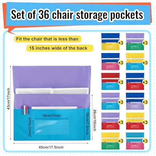 Chair Pockets for Classroom Chairback Pocket Chart 14 x 18 Inch Desk Organizer Pocket Chair Bag for Seat School Classroom(Novel,Colorful,36 Pcs)